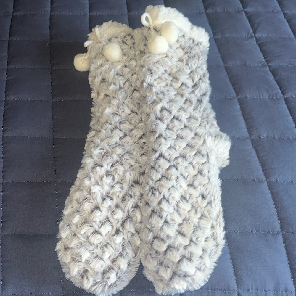 White/Grey Pom Pom Fuzzy Slipper Socks - One Size